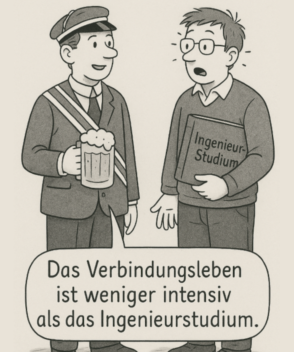 Illustration eines Verbindungsstudenten der sich mit einem Ingenieurstudenten unterhält